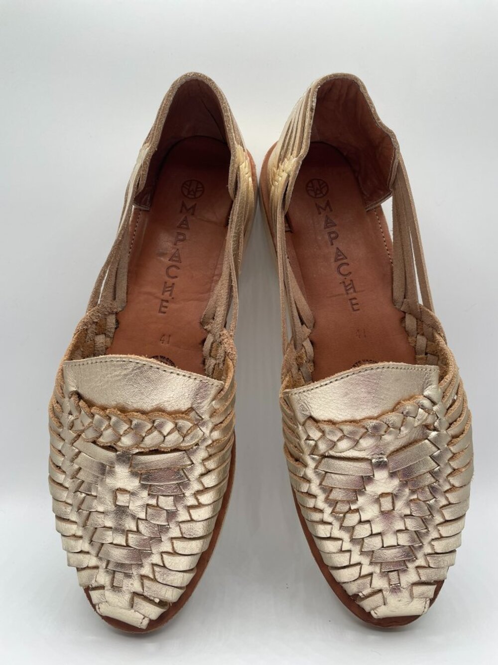 Mapache Alegre Boho Metallic Gold Luxe Handwoven Leather Huarache Sandals 10/41